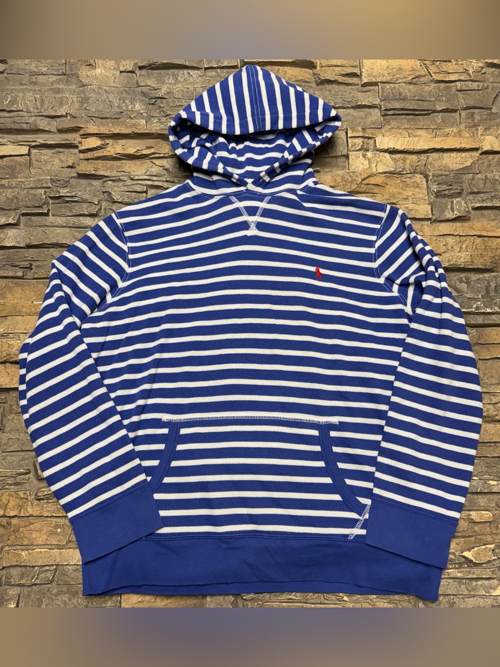 Polo Ralph Lauren Pullover Hoodie Sweatshirt Mens 2XL XL Blue Striped USA Pocket